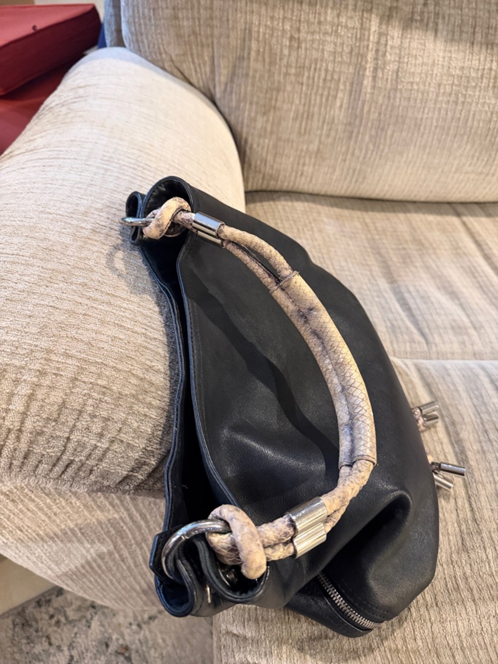 Michael Kors Black Leather Shoulder Hobo with reptile Wrapped Handle - Picture 10 of 11